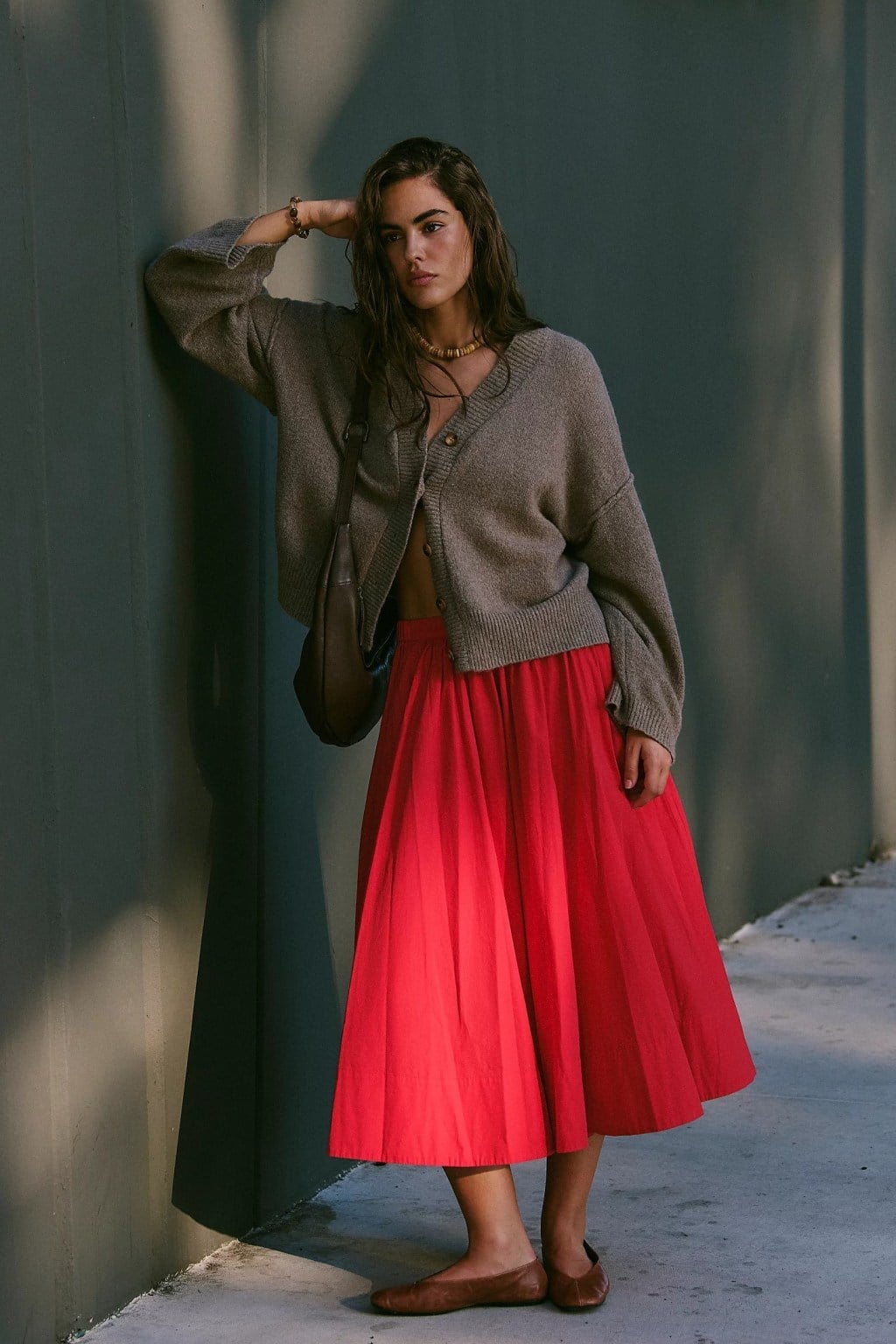 Grey Cropped Cardigan with Red Midi Skirt Grey Cropped Cardigan with Red Midi Skirt — Classy Girly Outfits