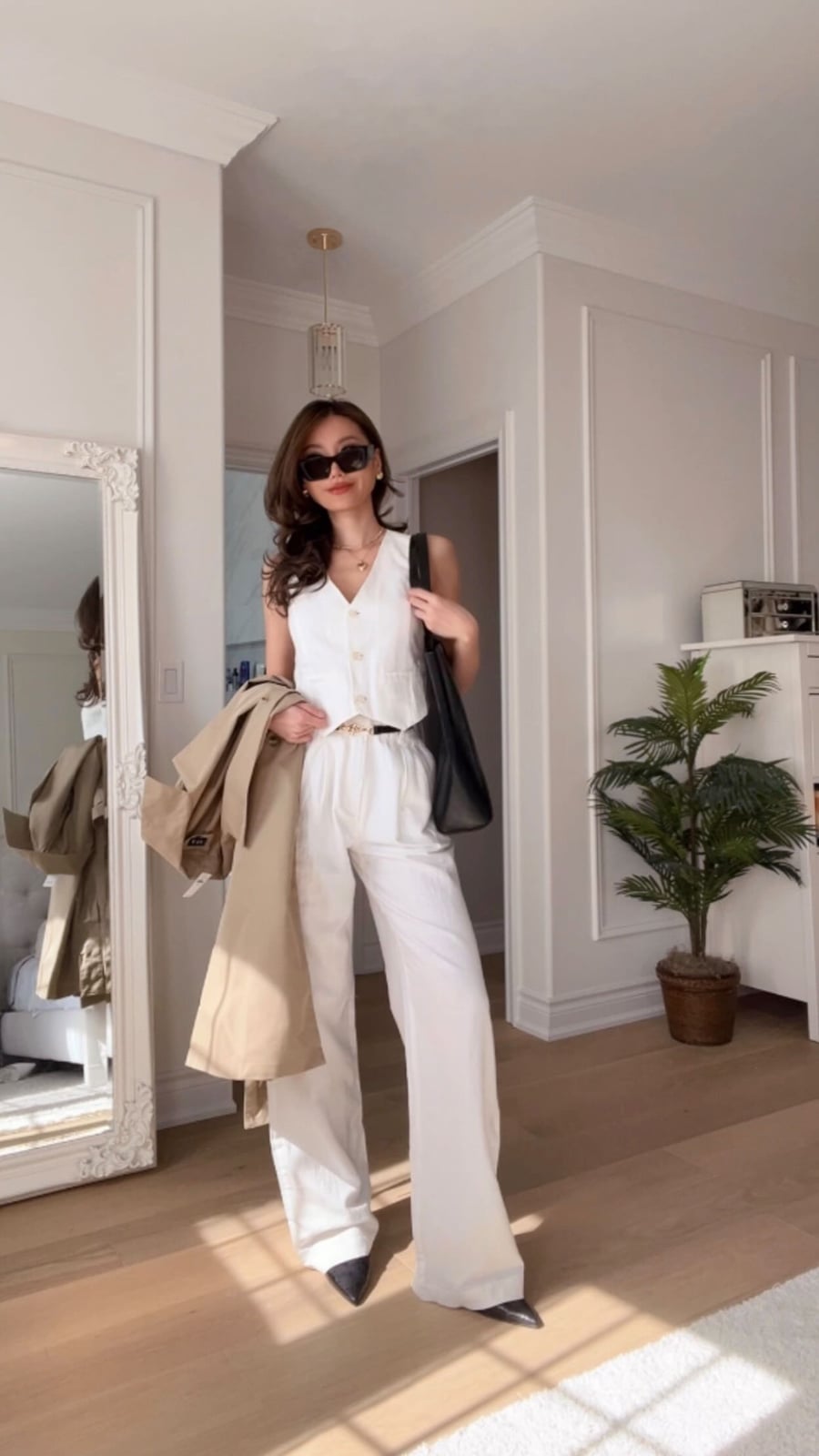 White Waistcoat with Beige Wide-Leg Trousers White Waistcoat with Beige Wide-Leg Trousers — Classy Girly Outfits
