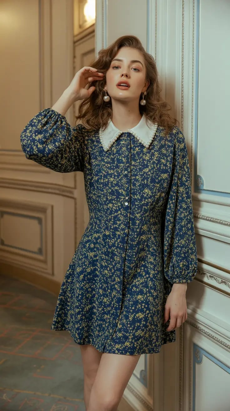 Navy Floral Dress with Pearl Collar Navy Floral Dress with Pearl Collar — Classy Girly Outfits