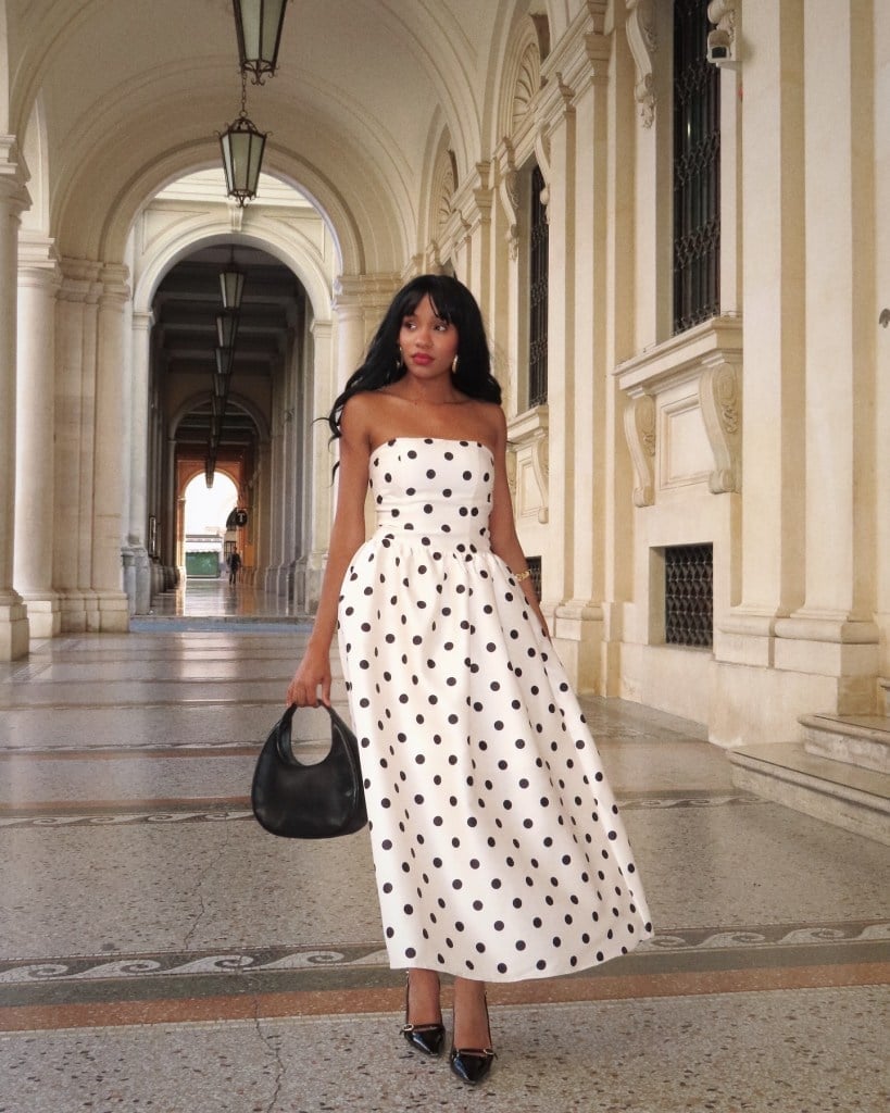 White Polka Dot Midi Dress with Black Accessories White Polka Dot Midi Dress with Black Accessories — Classy Girly Outfits