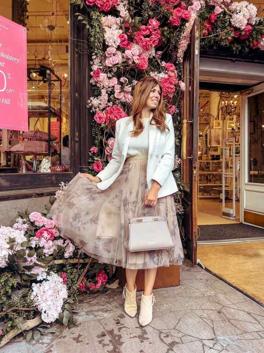 White Tweed Jacket and Floral Tulle Skirt White Tweed Jacket and Floral Tulle Skirt — Classy Girly Outfits