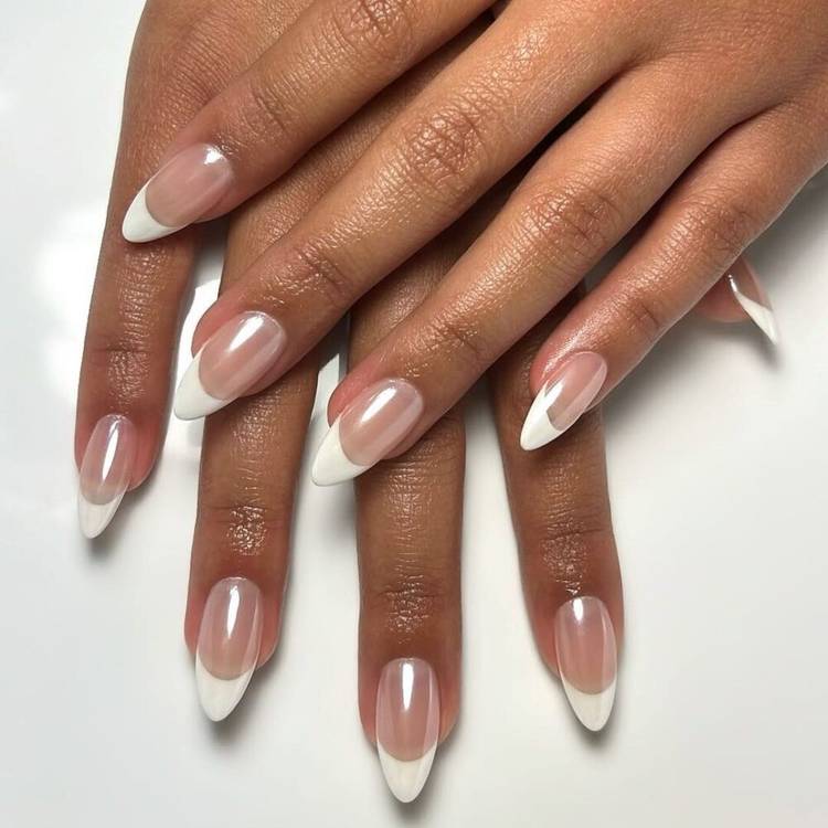 Classic White Tip French Manicure Almond Nails, Close-Up Take — Classy Glass Nails
