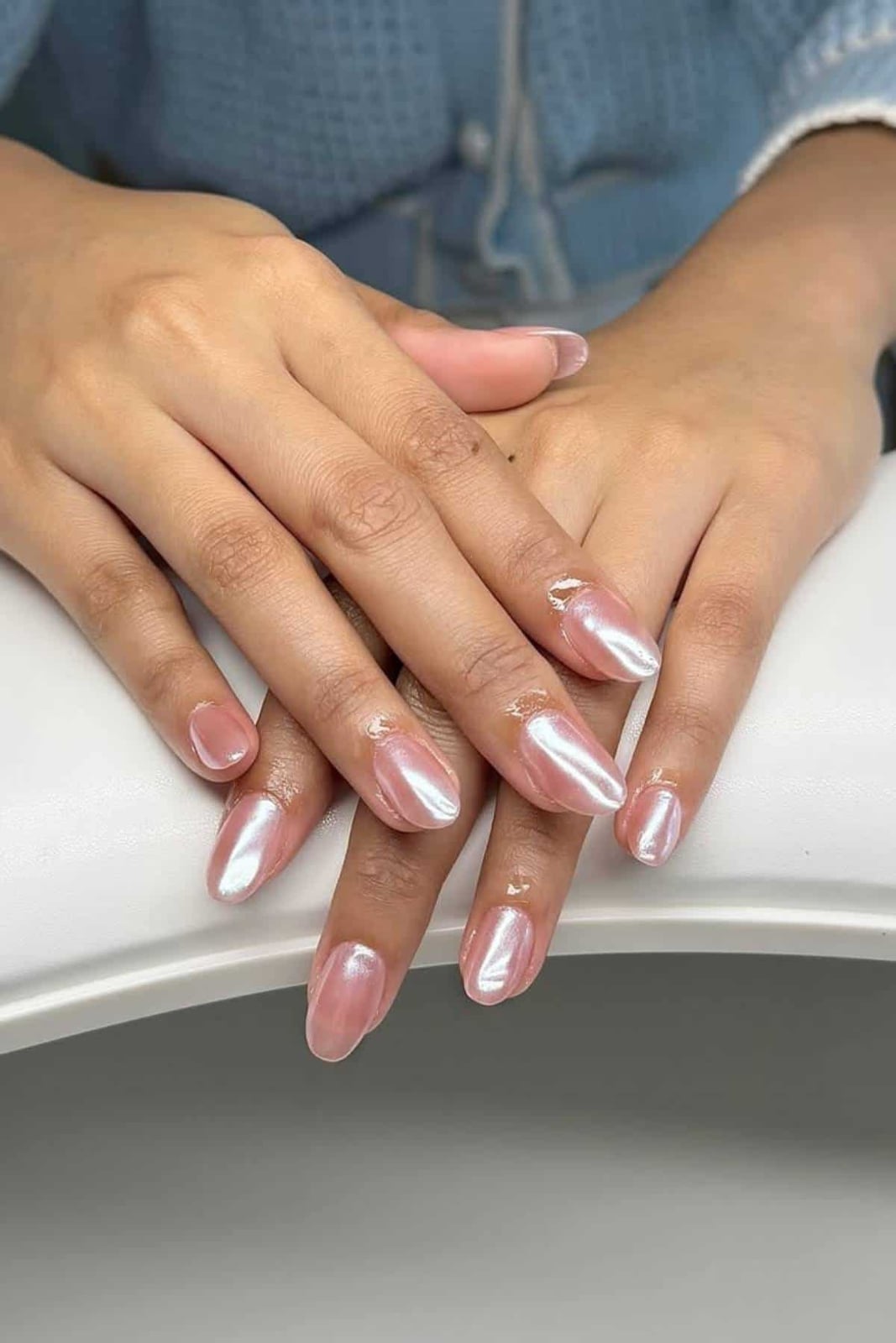 Pearlescent Sheer Pink Medium Almond Nails — Classy Glass Nails
