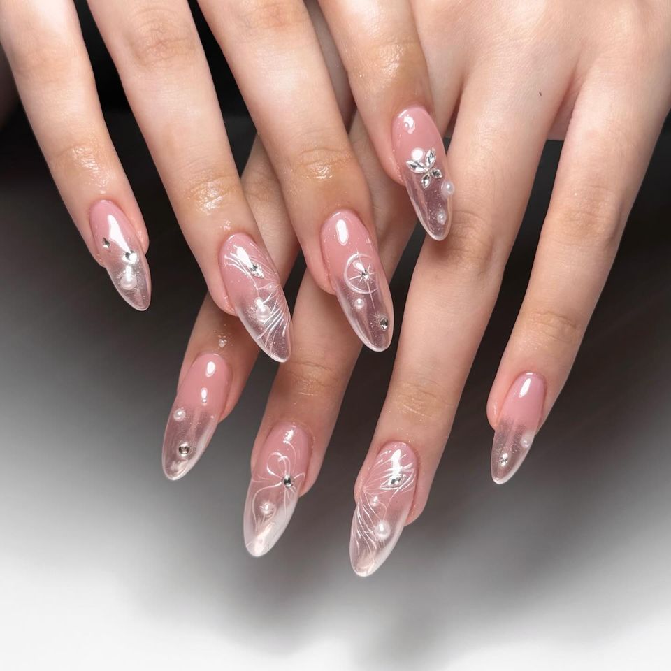 Glass Effect French Tip Medium Almond Nails — Classy Glass Nails