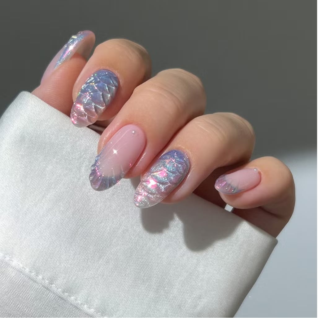 Iridescent Scale Art French Tip Almond Nails — Classy Glass Nails
