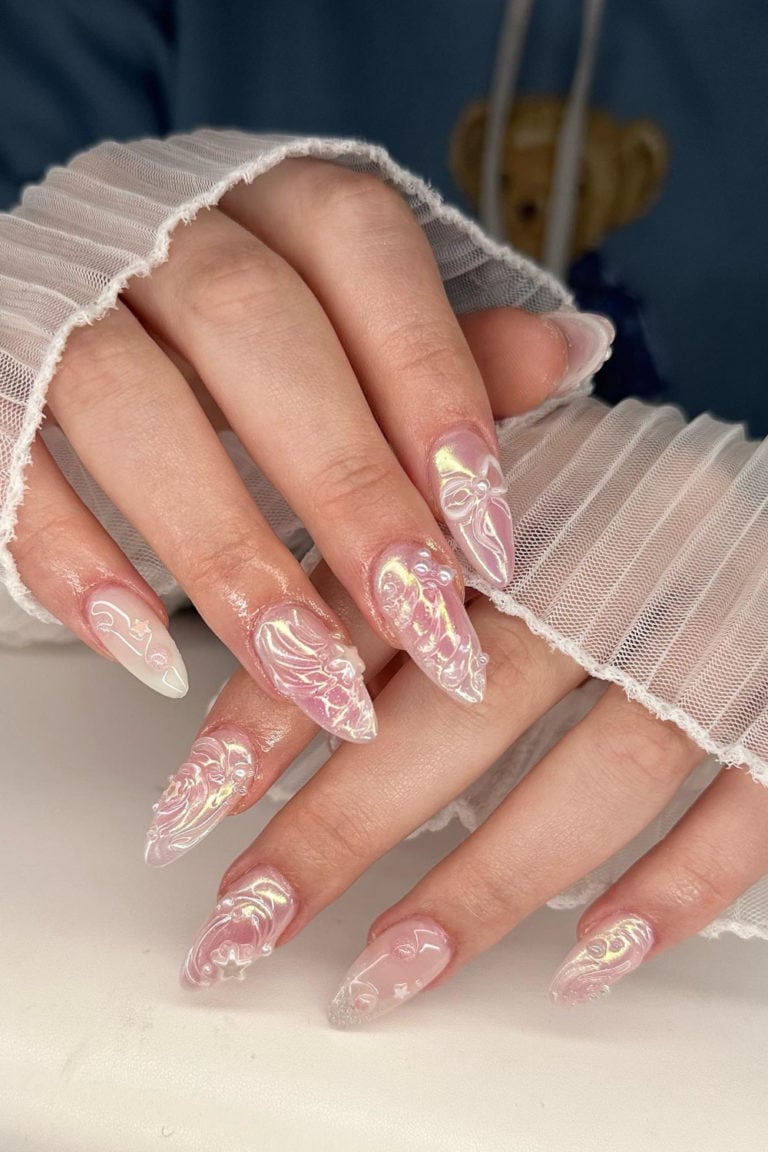 3D Bows Pearls Swirls Glossy Jelly Nails — Classy Glass Nails