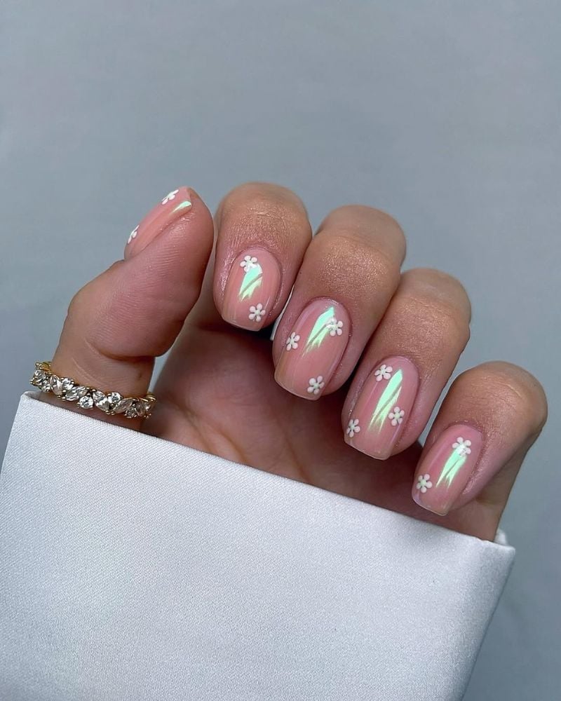 Pearlescent Floral Short Square Nails — Classy Glass Nails