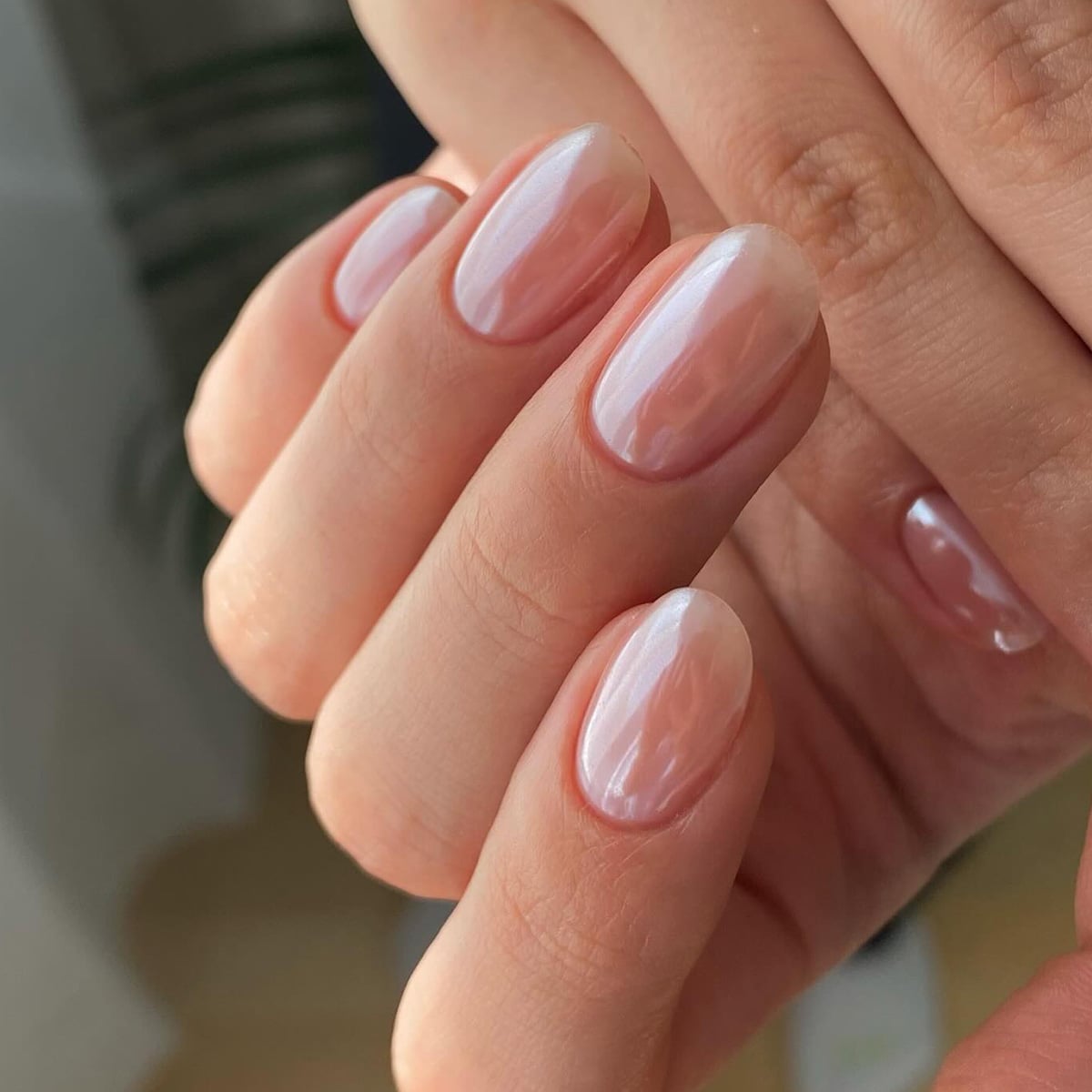 Iridescent Glassy Sheer Nude Medium Almond Nails — Classy Glass Nails