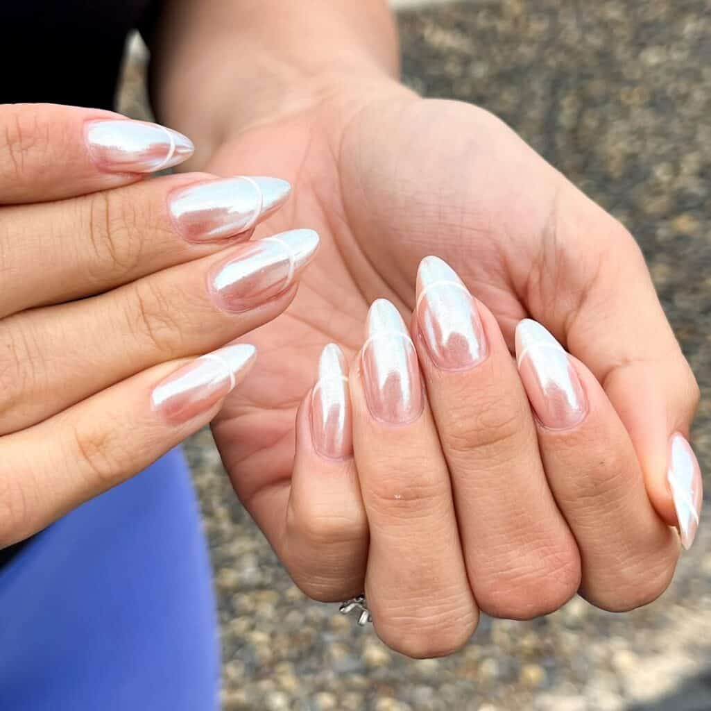 Pearlescent White Chrome Effect French Almond Nails — Classy Glass Nails