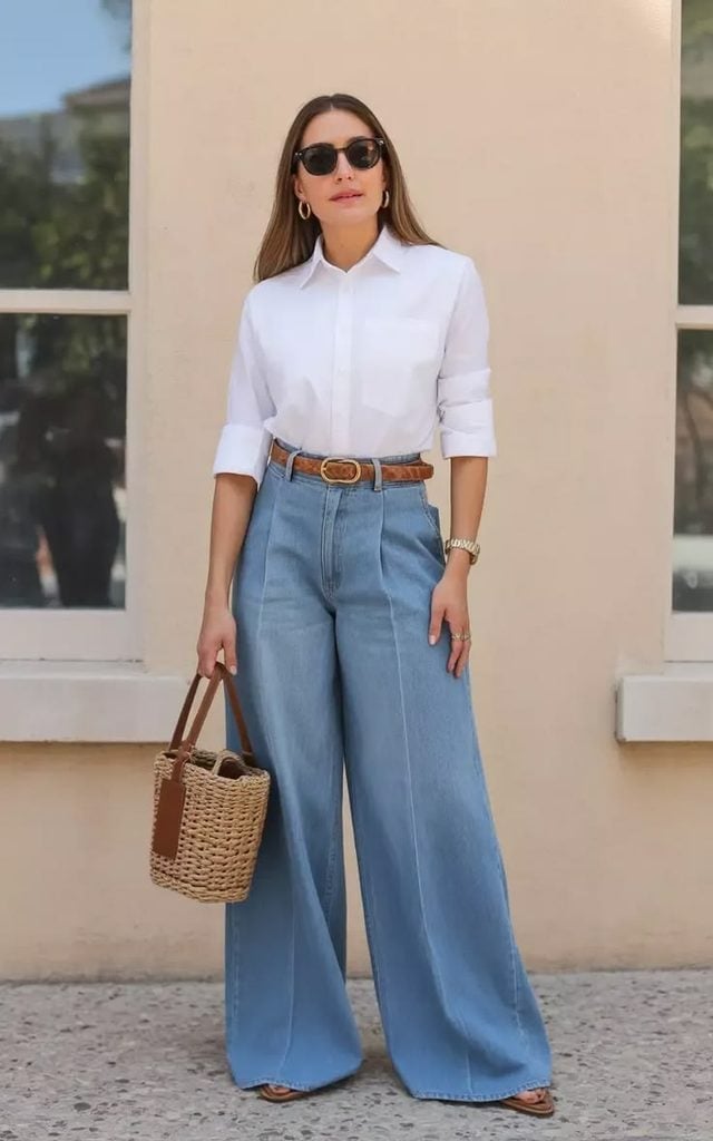 Extremely Wide Leg Jeans With Button Down Shirt Extremely Wide Leg Jeans With Button Down Shirt — Classy Going Out Outfits Jeans