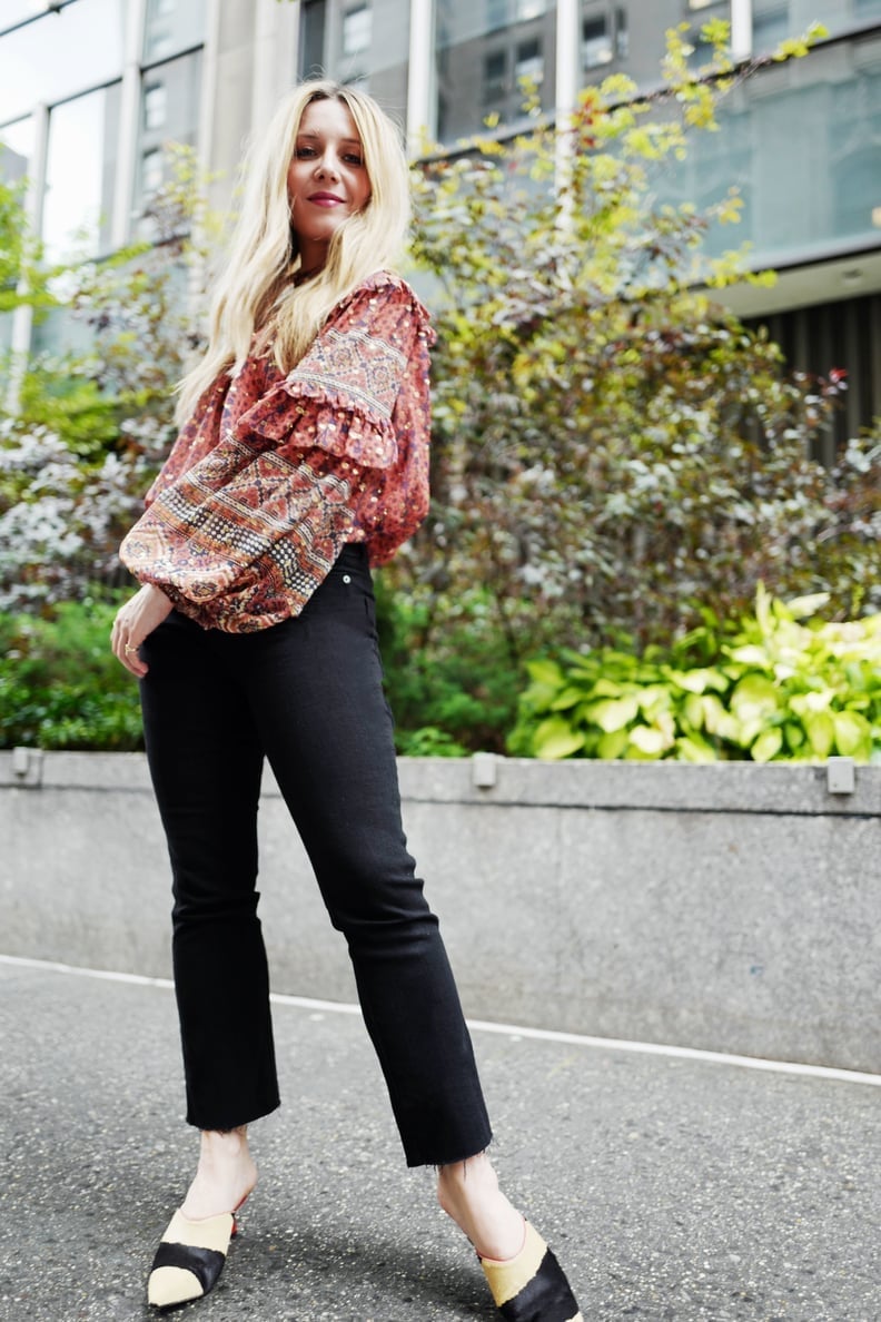 Black Straight Leg Jeans With Printed Blouse Black Straight Leg Jeans With Printed Blouse — Classy Going Out Outfits Jeans
