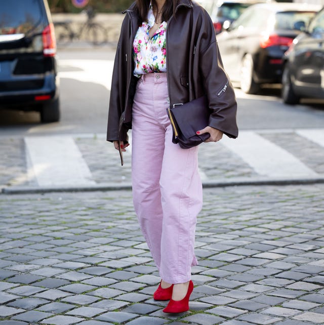 Pink Wide Leg Jeans With Leather Jacket Pink Wide Leg Jeans With Leather Jacket — Classy Going Out Outfits Jeans