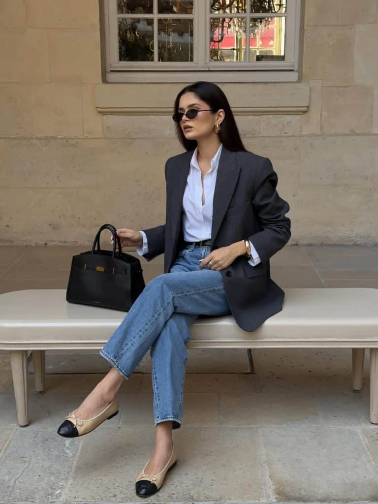 Straight Leg Jeans With Oversized Grey Blazer, Denim Straight Leg Jeans With Oversized Grey Blazer, Denim — Classy Going Out Outfits Jeans