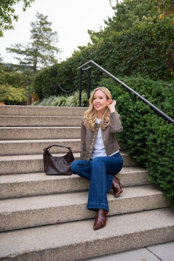 Dark Wash Wide Leg Jeans With Tweed Jacket Dark Wash Wide Leg Jeans With Tweed Jacket — Classy Going Out Outfits Jeans
