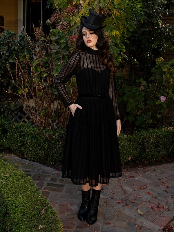Black Lace High-Neck Top with Pleated Midi Skirt — Classy Gothic Style