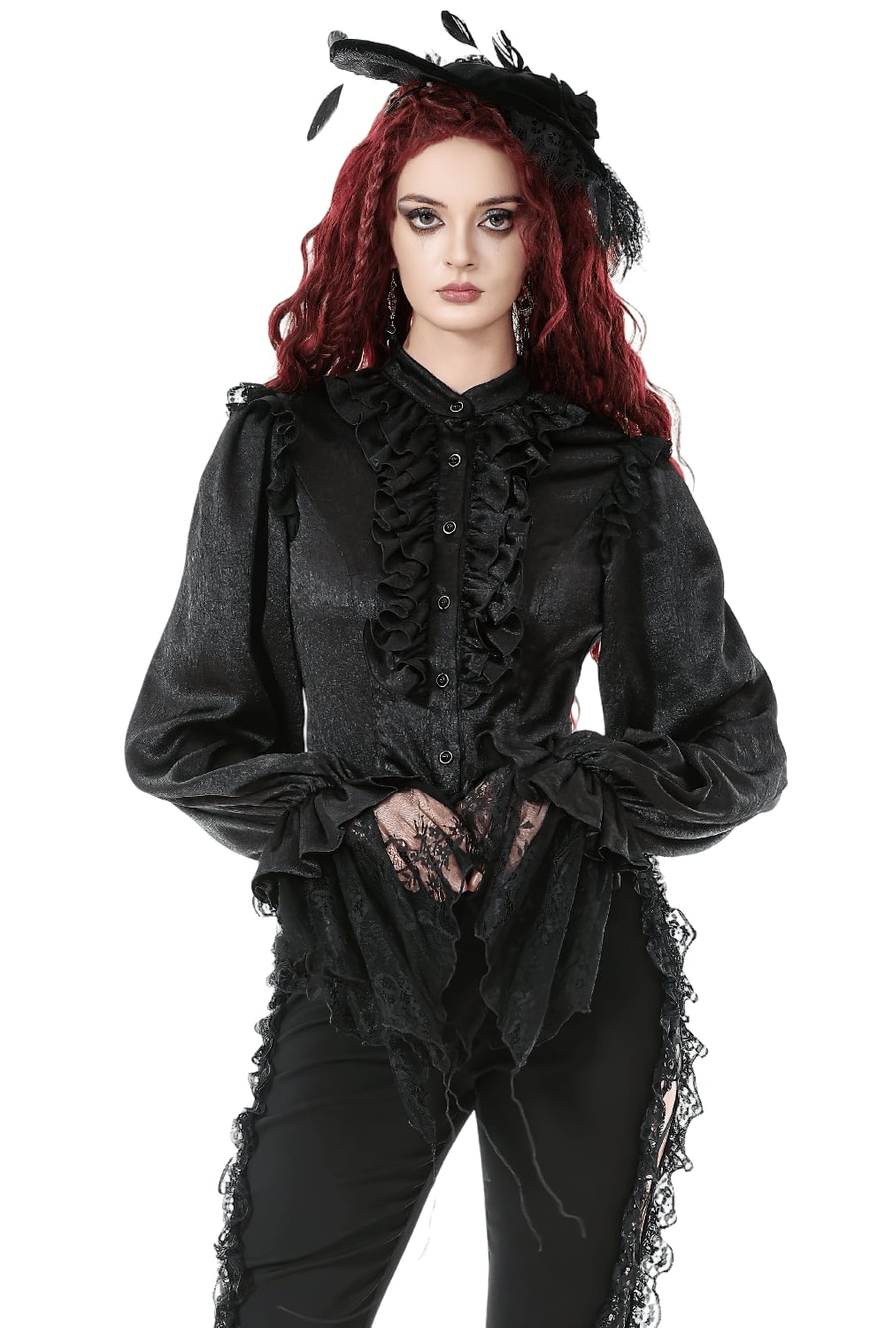 Black Satin Blouse with Ruffled Collar and Lace Cuffs — Classy Gothic Style