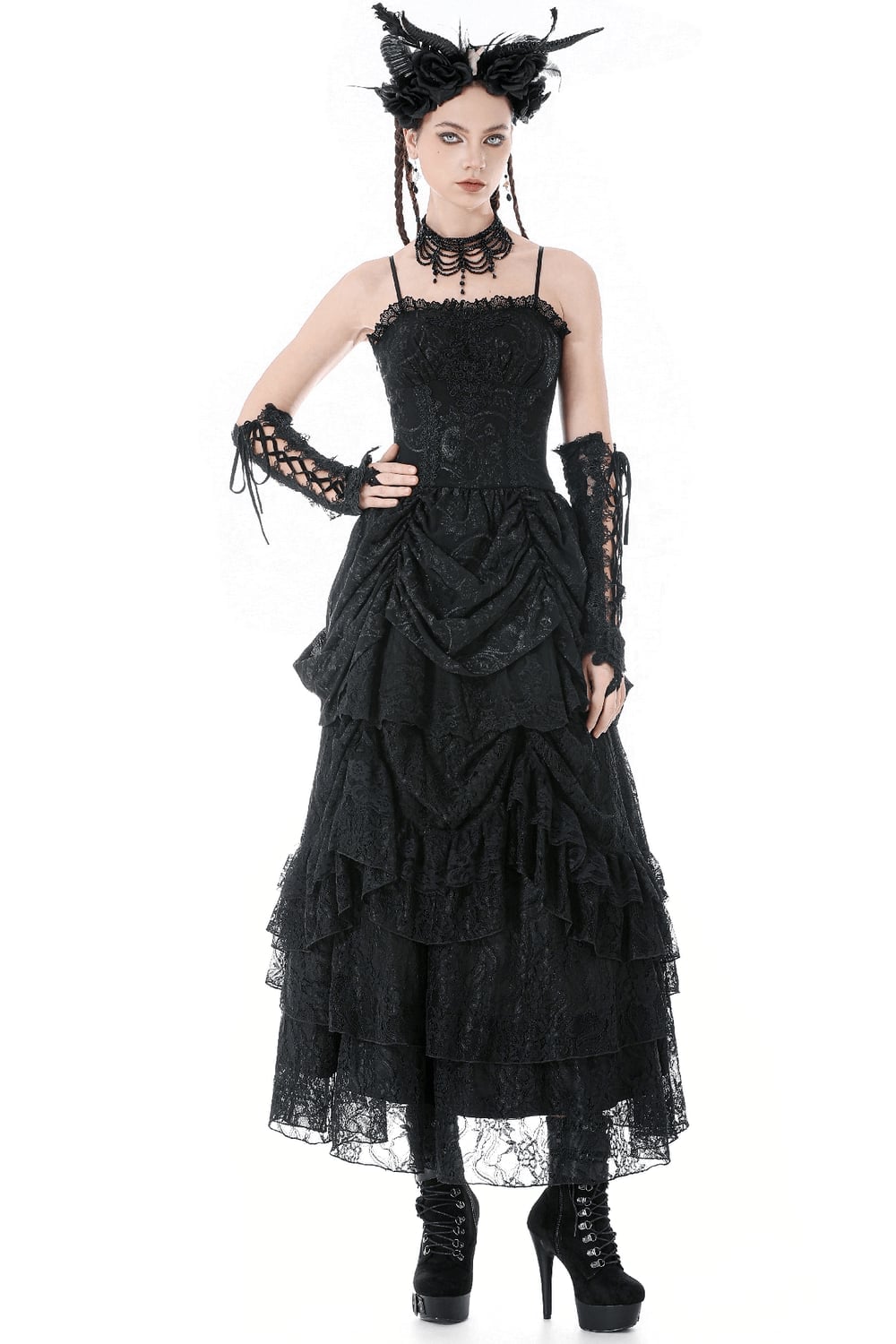 Full Black Lace Dress with Fitted Bodice and Ruched Skirt — Classy Gothic Style