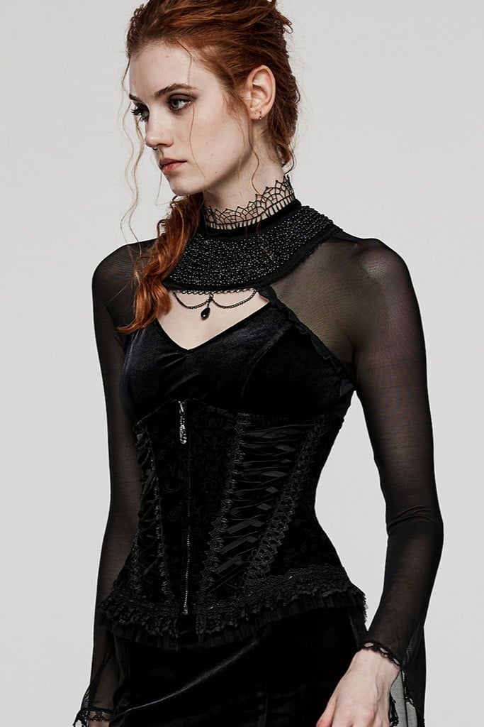 Black Velvet Corset Over Sheer Mesh Top — Classy Gothic Style