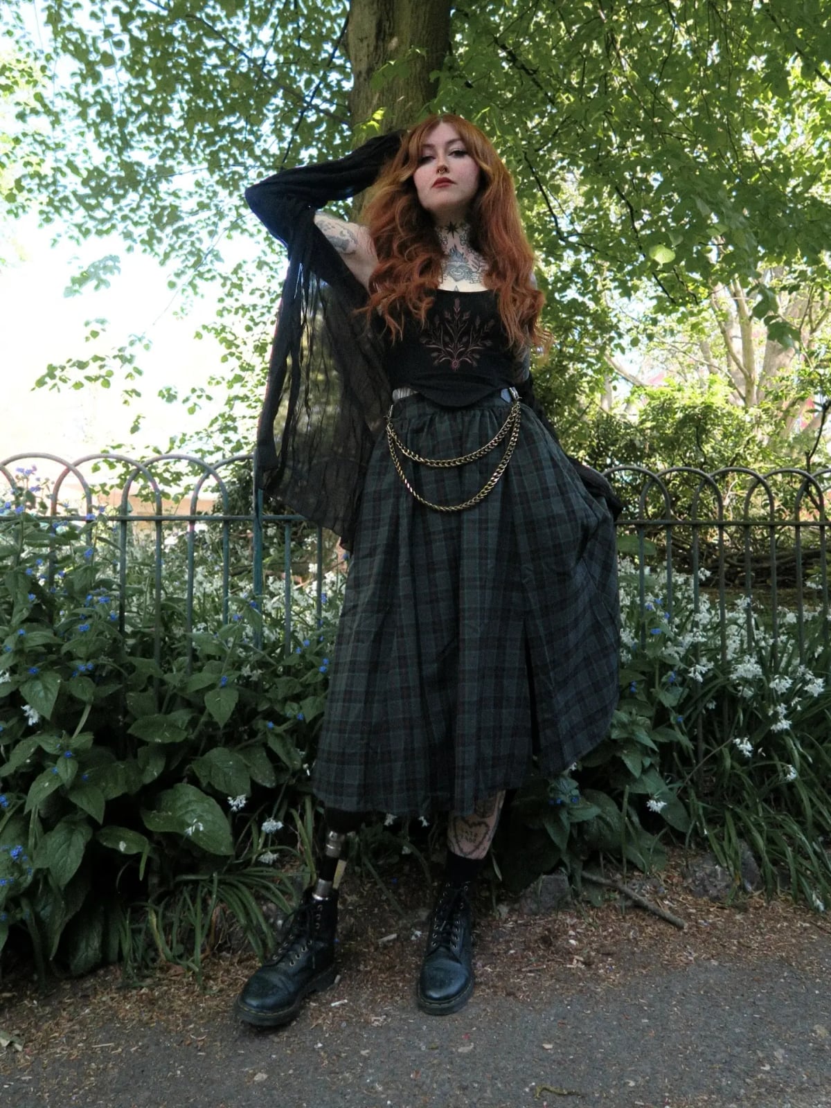 Plaid Midi Skirt with Sheer Scarf and Chain Belt — Classy Gothic Style