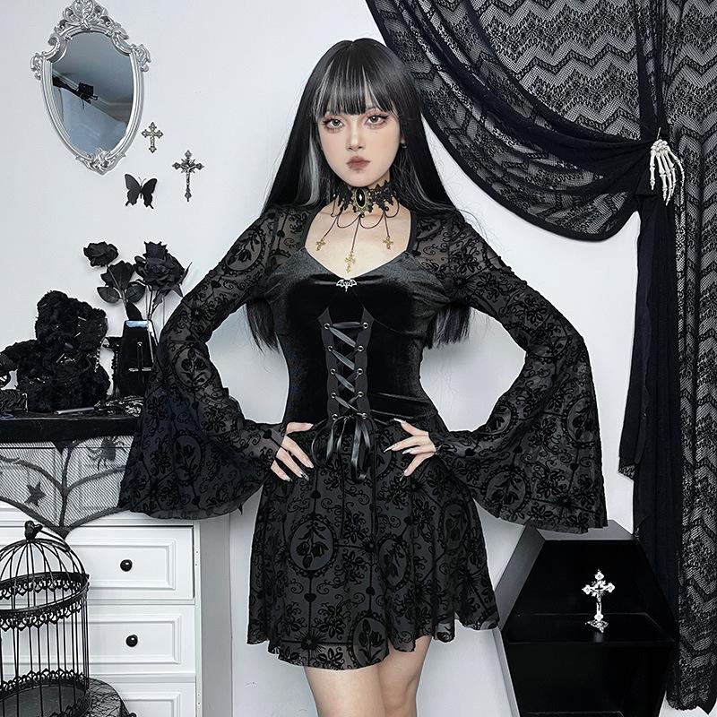 Black Velvet Mini Dress with Bell Sleeves and Lace Trim, Choker — Classy Gothic Style