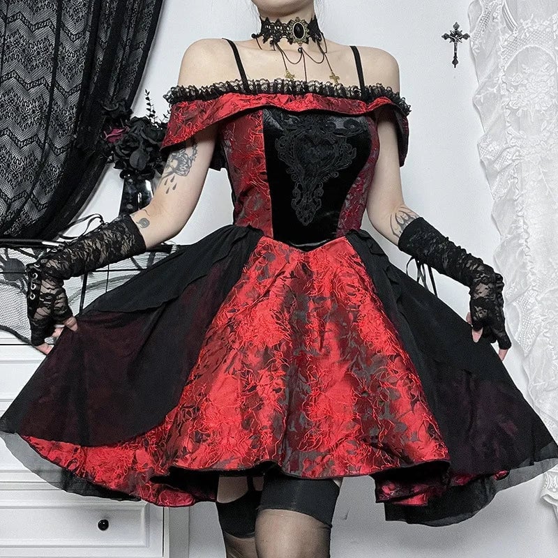 Red and Black Brocade Mini Dress with Lace Trim — Classy Gothic Style