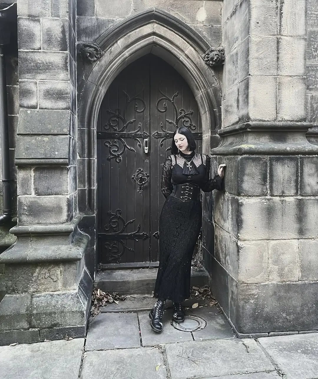 Full Black Lace Outfit with Corset and Combat Boots — Classy Gothic Style