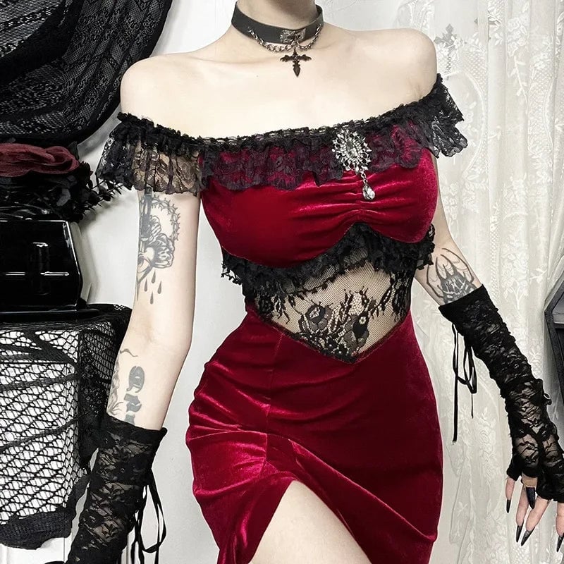 Red Velvet Dress with Black Lace Trim and High Slit — Classy Gothic Style