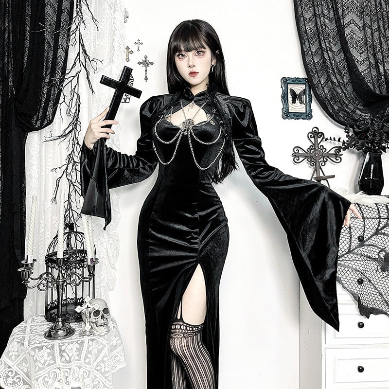 Black Velvet Mini Dress with Bell Sleeves, Everyday Version — Classy Gothic Style