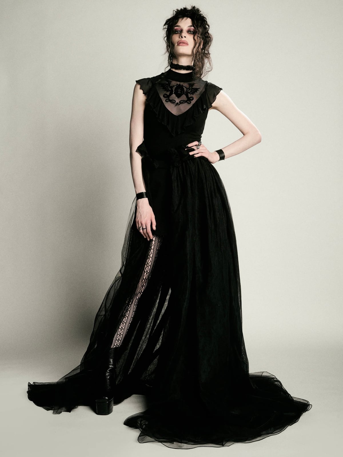 Black Sheer Overlay Dress with Red Underlayer and Ruffled Neckline — Classy Gothic Style