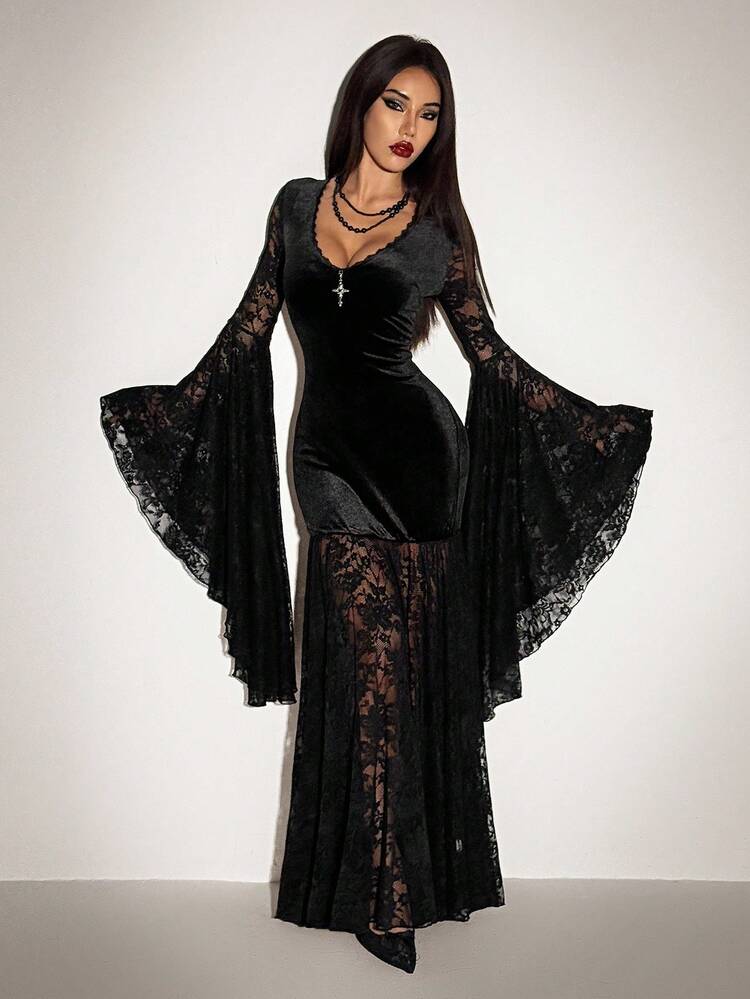 Black Velvet Maxi Dress with Lace Bell Sleeves — Classy Gothic Style