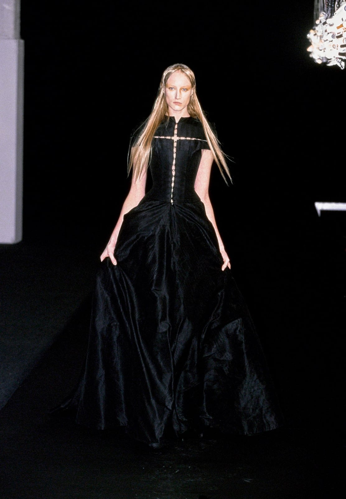Dramatic Black Ballgown with Jeweled Cross Detail — Classy Gothic Style