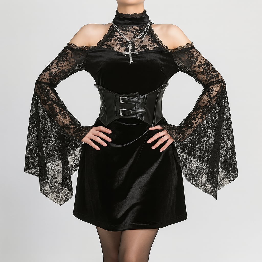 Black Velvet Bodycon Dress with High Neck and Lace Sleeves — Classy Gothic Style