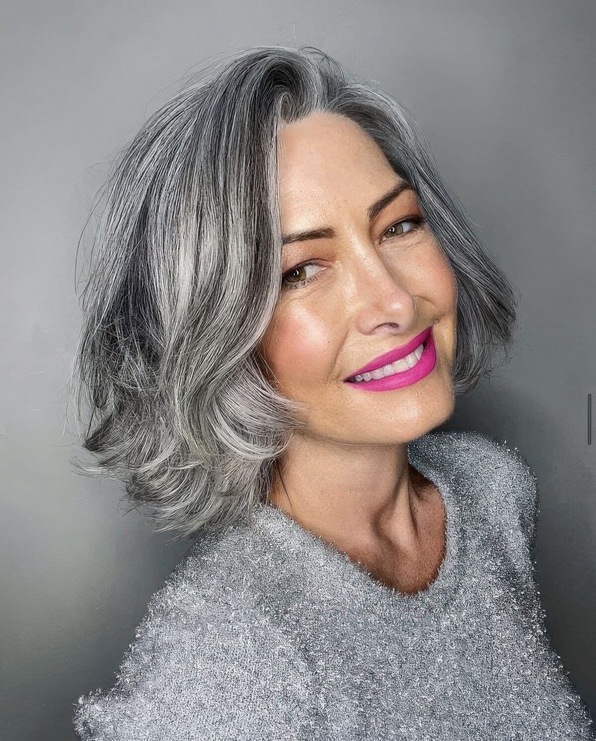 Chin Length Bob With Wavy Texture Chin Length Bob With Wavy Texture — Classy Gray Blending Hair