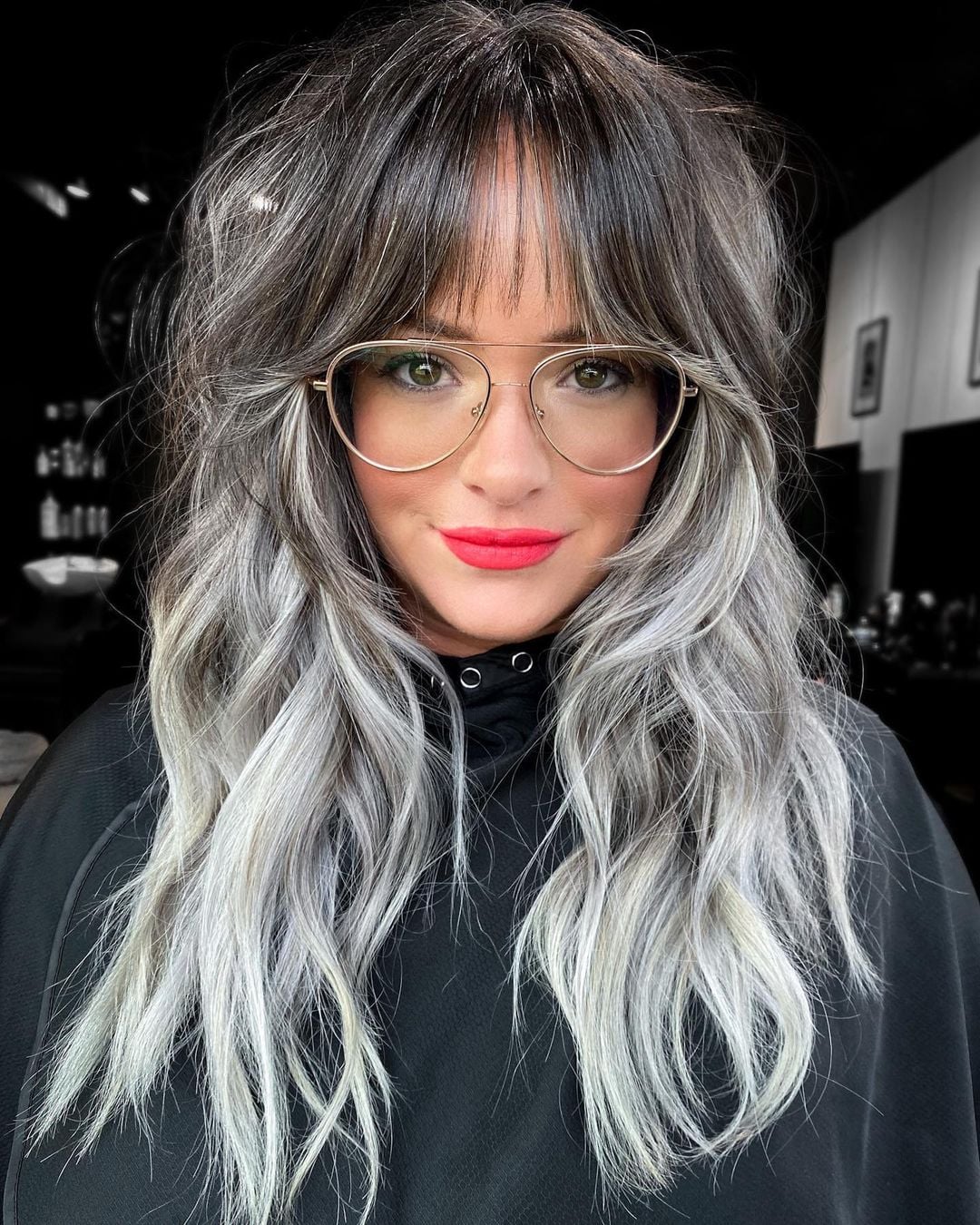 Mid-Back Shag With Full Bangs Mid-Back Shag With Full Bangs — Classy Gray Blending Hair