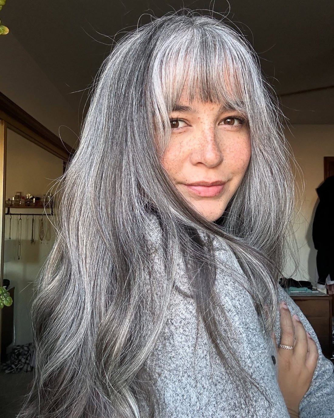 Mid-Back Layers With Full Bangs, Wavy Mid-Back Layers With Full Bangs, Wavy — Classy Gray Blending Hair
