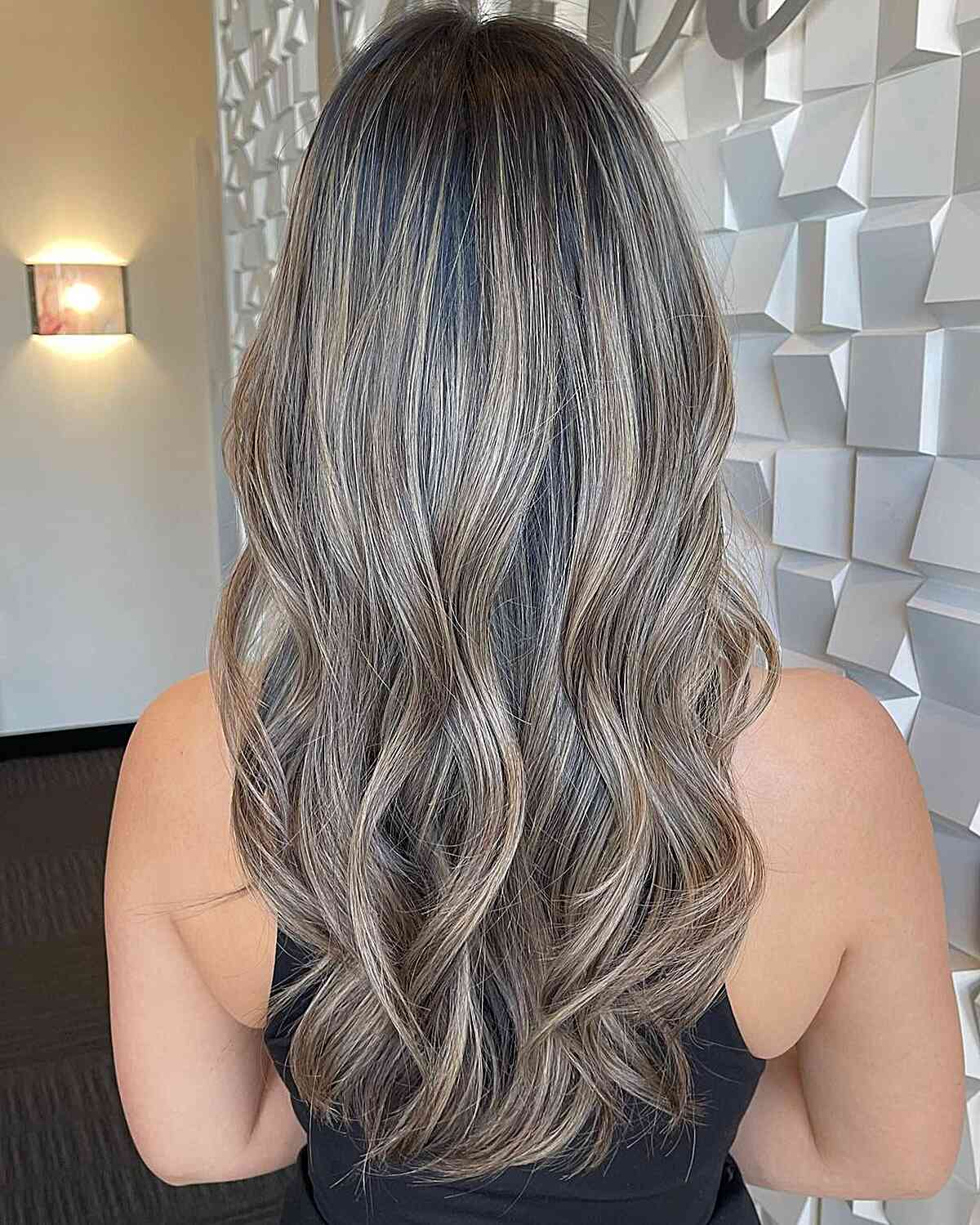 Mid-Back Long Layers Gray Ash Blonde Blend Mid-Back Long Layers Gray Ash Blonde Blend — Classy Gray Blending Hair Dark Brown
