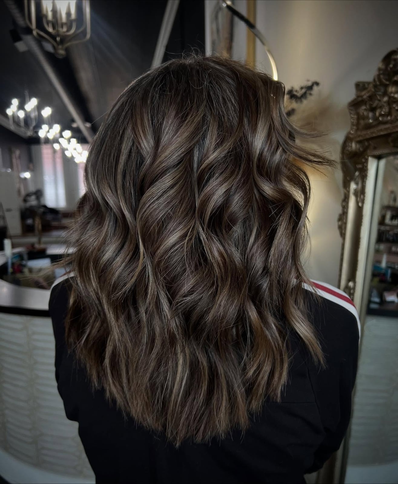 Mid-Back Dark Brown With Gray Silver Highlights Mid-Back Dark Brown With Gray Silver Highlights — Classy Gray Blending Hair Dark Brown