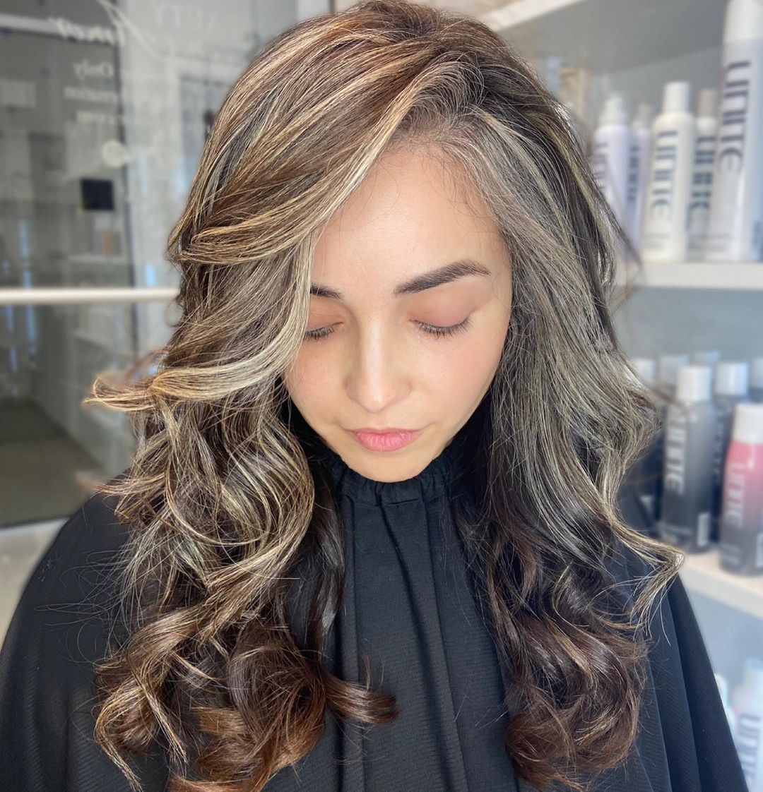 Mid-Back Waves Dark Brown Gray Blonde Blend Mid-Back Waves Dark Brown Gray Blonde Blend — Classy Gray Blending Hair Dark Brown