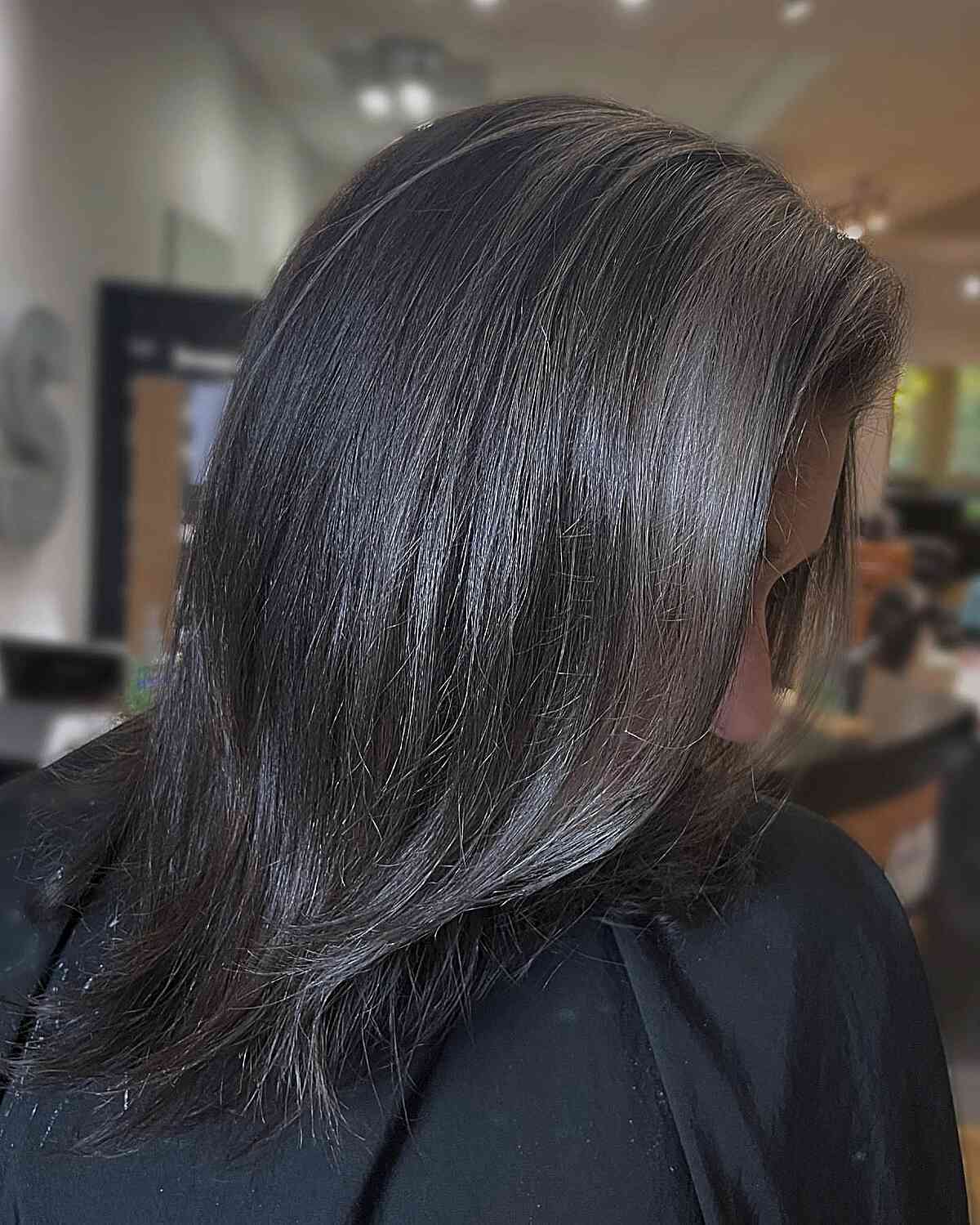 Mid-Back Dark Brown With Gray Silver Tones, Layers Mid-Back Dark Brown With Gray Silver Tones, Layers — Classy Gray Blending Hair Dark Brown