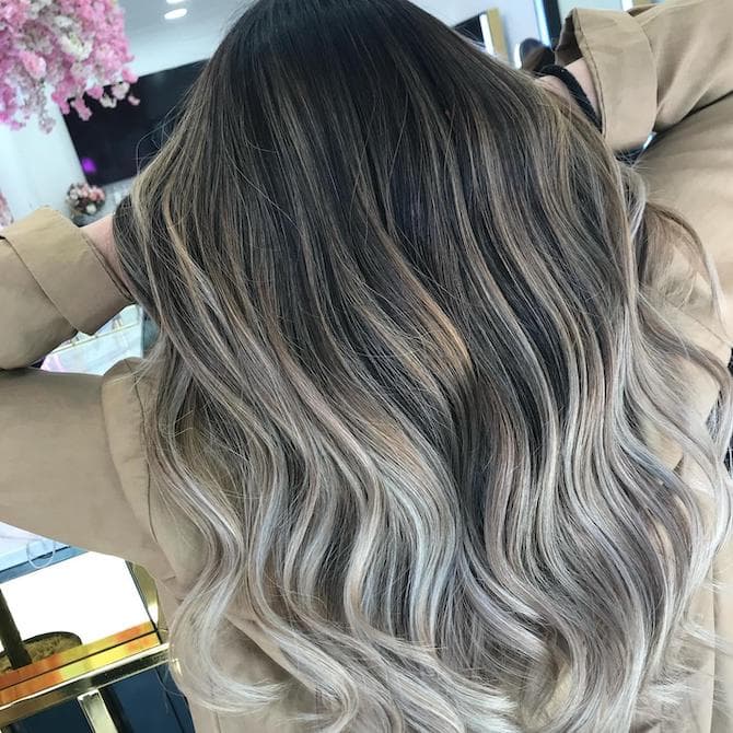 Mid-Back Long Layers Ash Blonde Balayage With Loose Waves Mid-Back Long Layers Ash Blonde Balayage With Loose Waves — Classy Gray Blending Hair Dark Brown