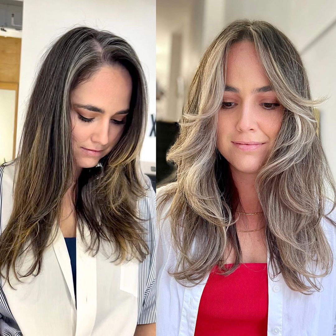 Mid-Back Long Layers Dark Brown Gray Highlights Mid-Back Long Layers Dark Brown Gray Highlights — Classy Gray Blending Hair Dark Brown