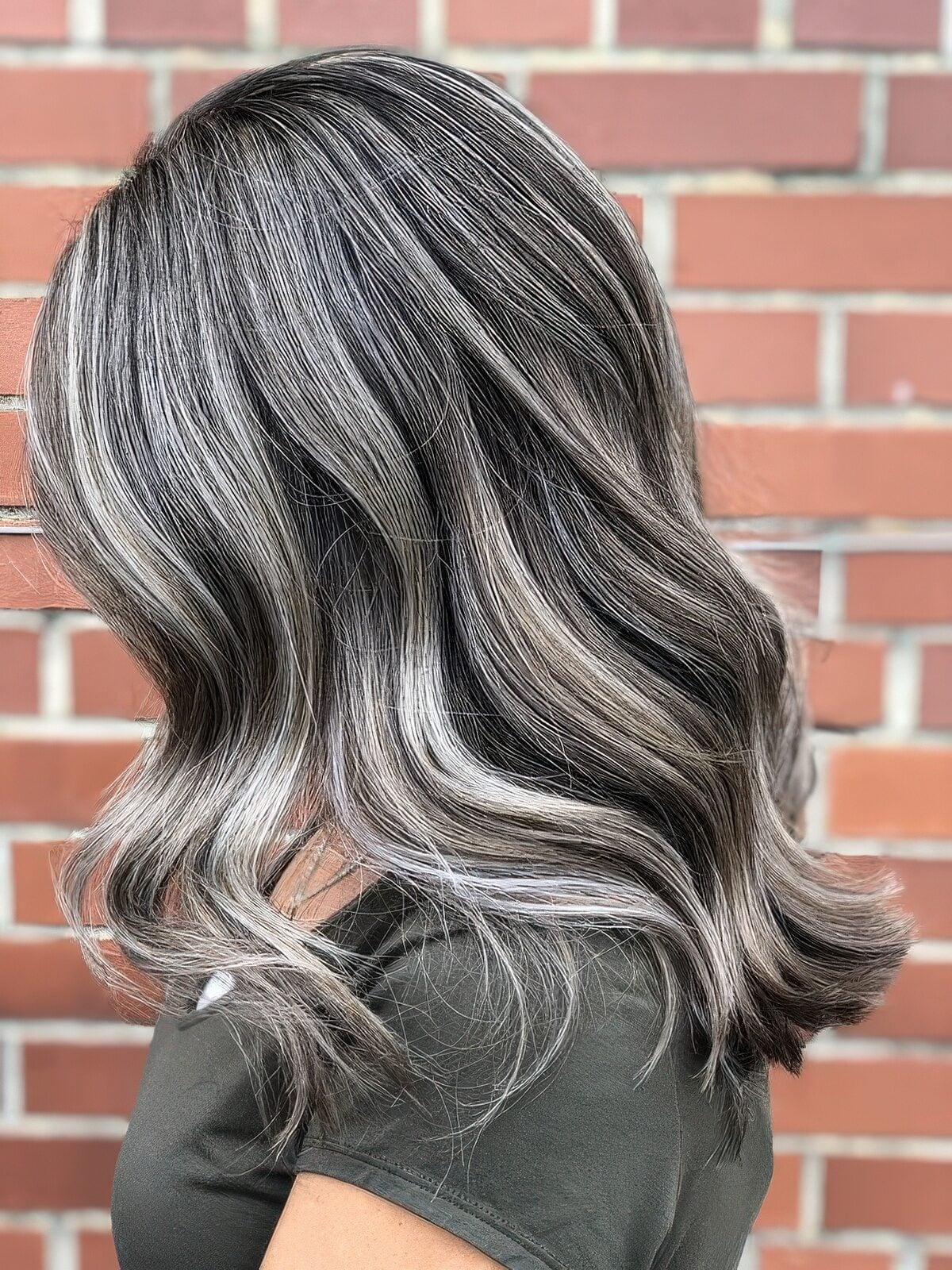 Collarbone Long Layers No Bangs Gray Silver Blend Collarbone Long Layers No Bangs Gray Silver Blend — Classy Gray Blending Hair Dark Brown