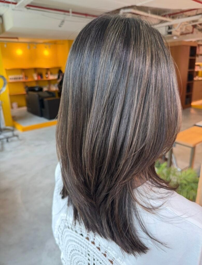 Shoulder Length Long Bob Straight Gray Blonde Blend Shoulder Length Long Bob Straight Gray Blonde Blend — Classy Gray Blending Hair Dark Brown