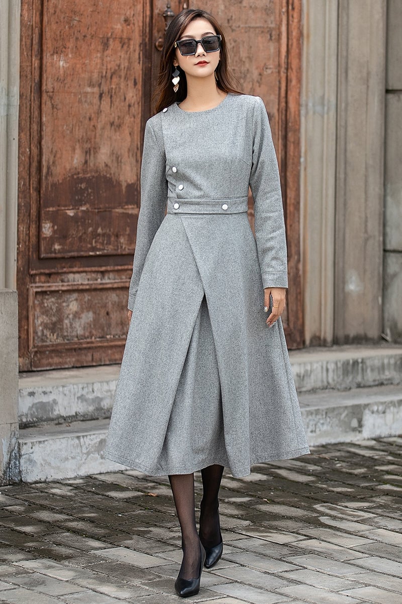 Textured A-line Midi Dress With Pleated Detail — Classy Gray Dress