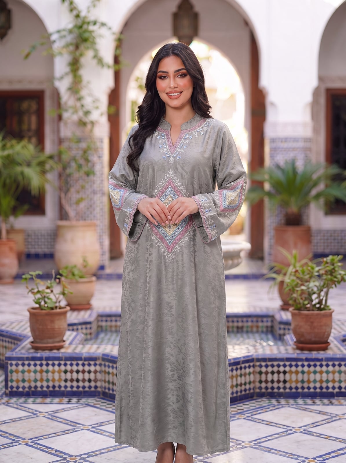 Light Grey Embroidered Kaftan Maxi Dress With Geometric Detail — Classy Gray Dress