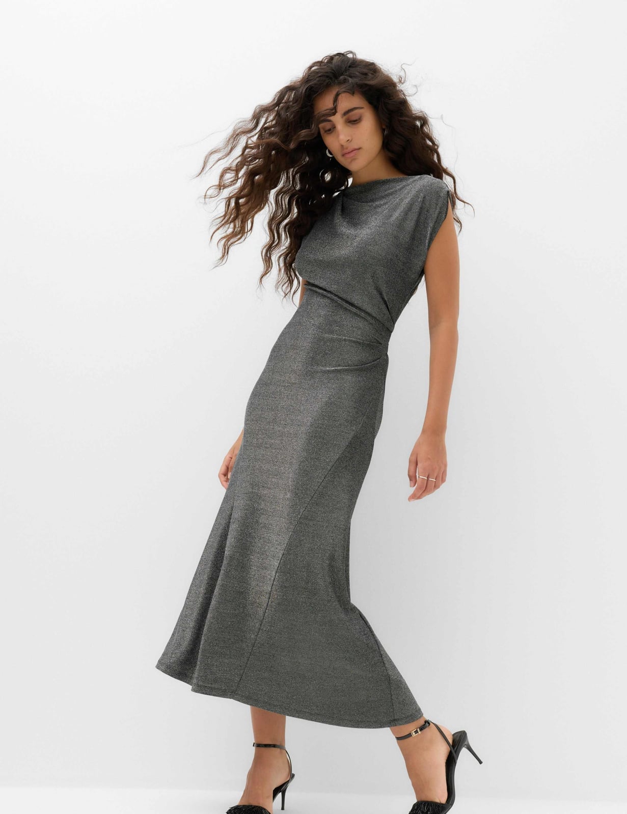Dark Grey Metallic Knit Midi Dress With Cowl Neck — Classy Gray Dress