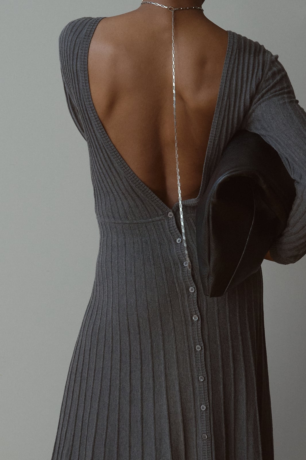 Medium Grey Ribbed Knit Dress With Open Back — Classy Gray Dress
