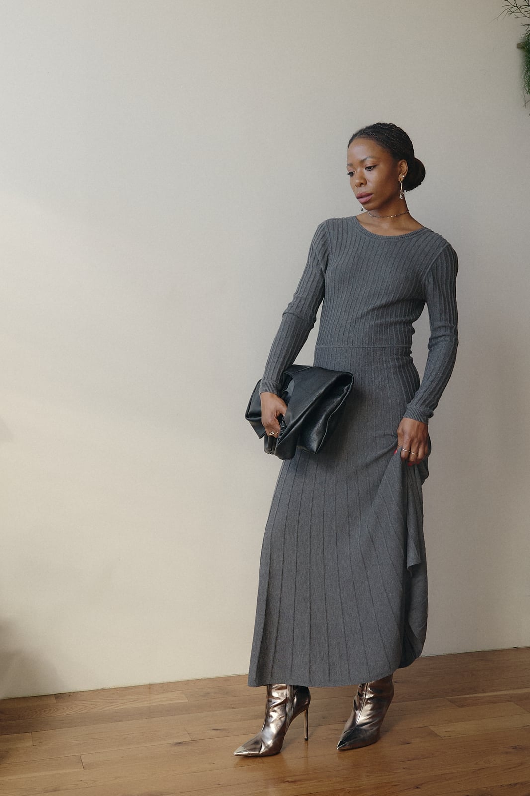 Grey Ribbed Knit Midi Dress With Fitted Bodice and Flowing Skirt — Classy Gray Dress