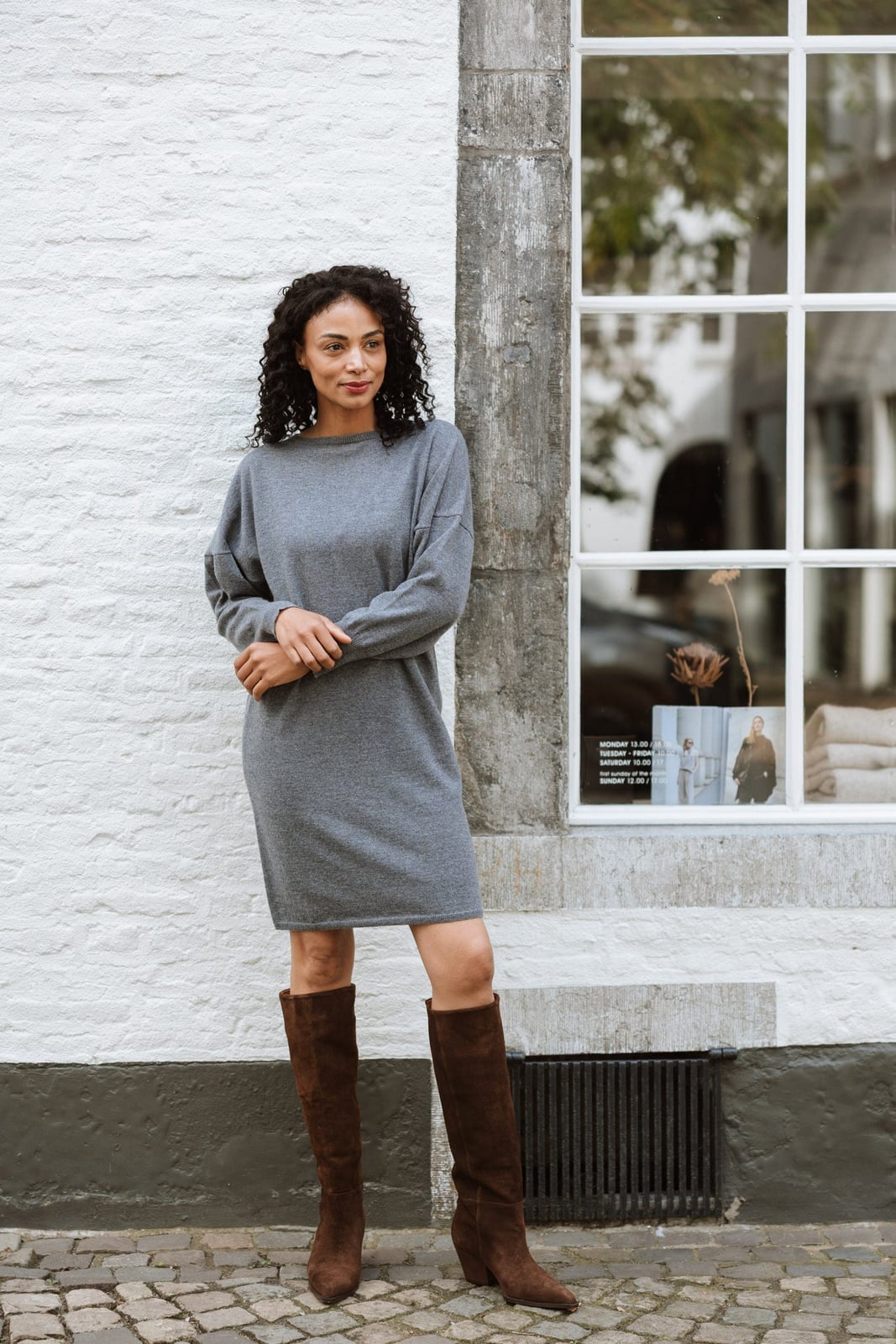 Grey Textured Knit Sheath Dress For Work — Classy Gray Dress