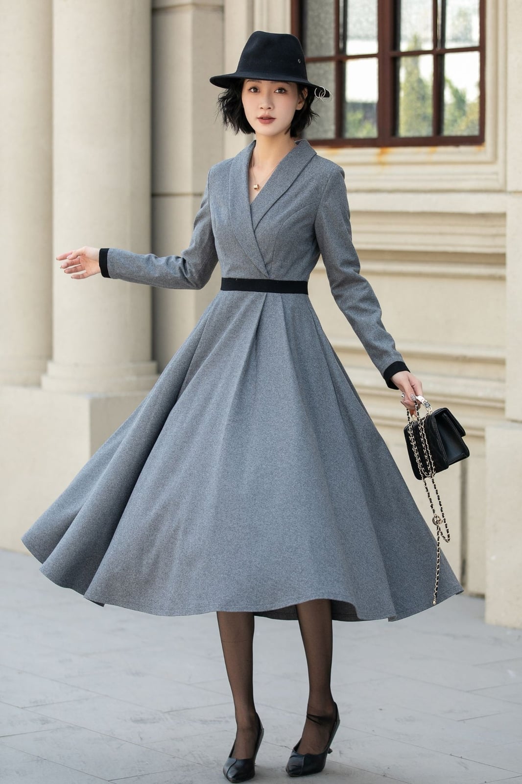 Grey Wool Fit and Flare Midi Dress With Black Trim — Classy Gray Dress